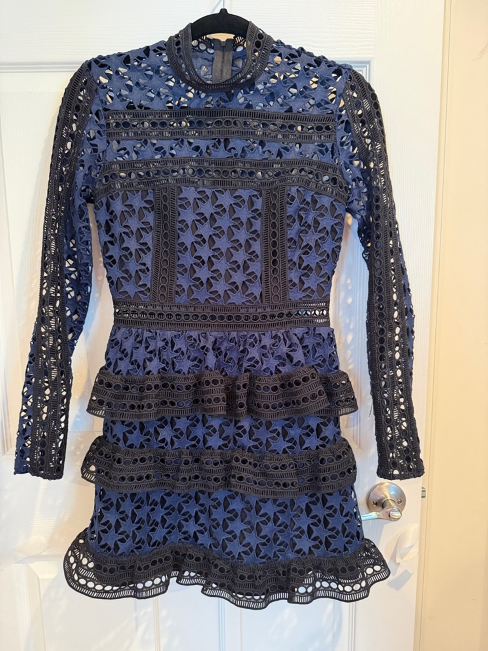 Self-Portrait Navy and Black Long-Sleeve Lace Tiered Mini Dress